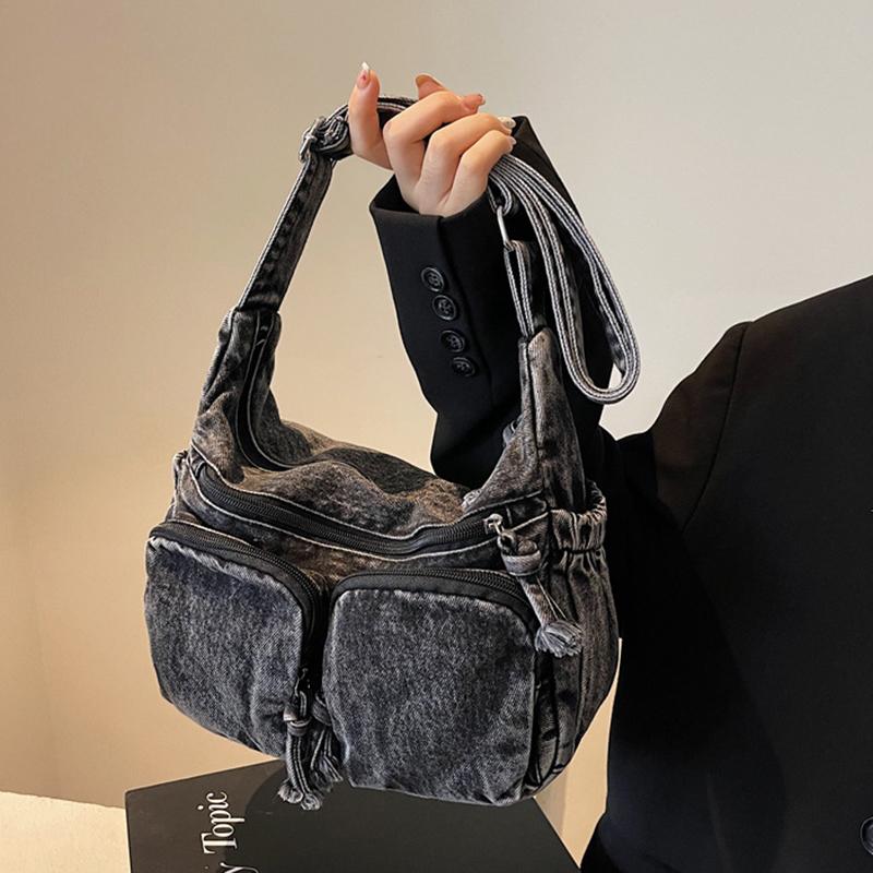 Vintage Denim Shoulder Bag Women's Large Capacity Messenger Bag Multi-pockets Satchel Bags Adjustable Strap Ladies Crossbody Bag