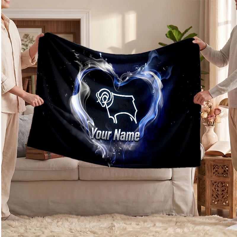 Derby County Personalisierte Fleecedecke Mit Fußballlogo, Individueller Name Text Weiche Warme Wohndecke