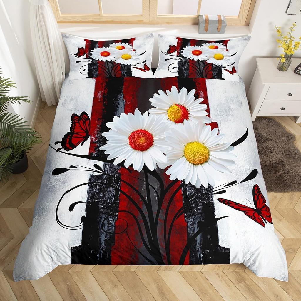 Poszewka na kołdrę z kwiatami stokrotek Rozmiar Full Queen 2/3 szt. Botaniczny kwiatowy komplet pościeli Styl pastoralny Poszewka na kołdrę dla dzieci Dziewcząt Kobiet do pokoju
