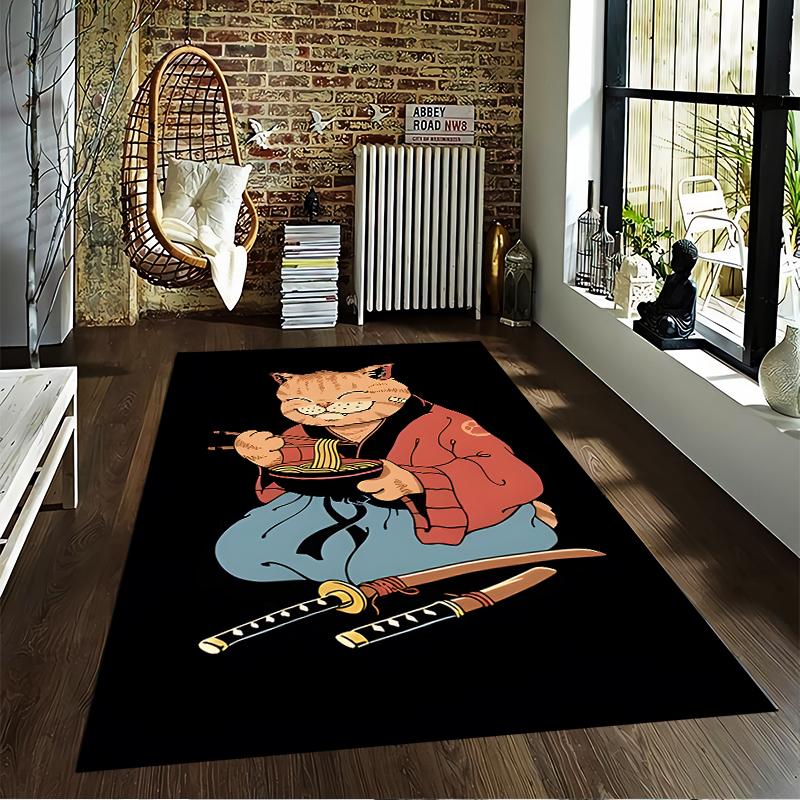 Samurai Cat Eating Ramen Carpet with Swords on Black Background Suitable for use as an anti-slip for living room bedroom sofas