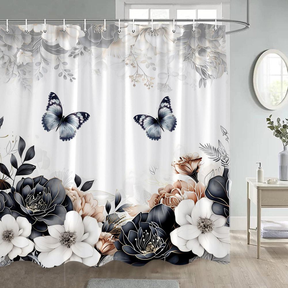 Blue Butterfly Floral Shower Curtains Watercolour Flowers Plant Bath Curtain Polyester Fabric Home Bathroom Bathtub Decoration