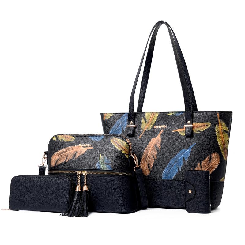

Нова друкована сумка для матері та дитини, атмосферний набір із чотирьох предметів із кольорового листя, портативна жіноча сумка з одним плечем та косим проміжком чорний