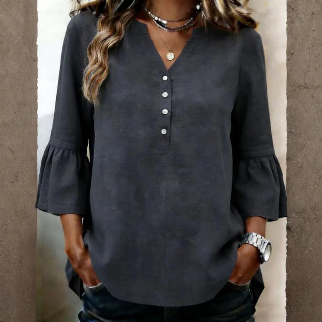 Women's Casual Solid Color Blouse Button Down V Neck 3/4 Sleeve Loose Fit Lightweight Top for Summer Work Office and Everyday Wear