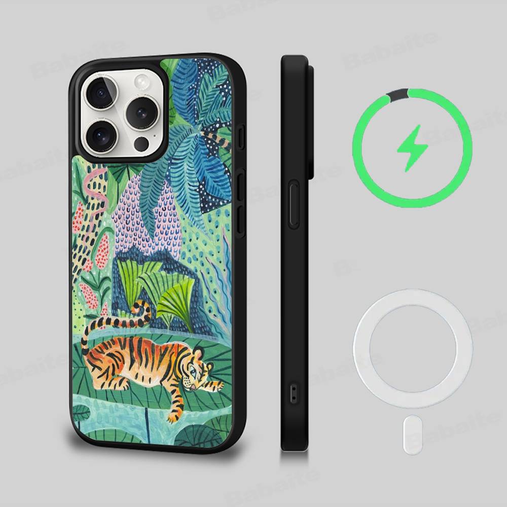 Jungle Art Illustration Snake Cats Sloth For Magsafe Phone Case For IPhone 16 15 11 12 13 14 17 Pro Max Plus Magnetic Wireless