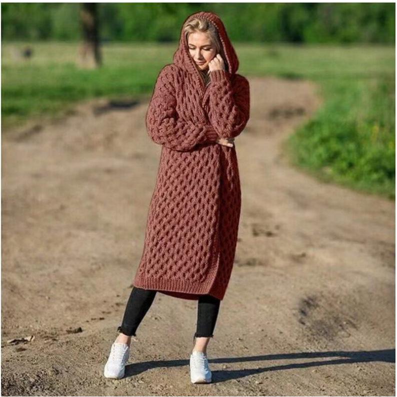 Women's Hooded Long Knitted Cardigan Coat - Autumn/Winter 2025 Collection