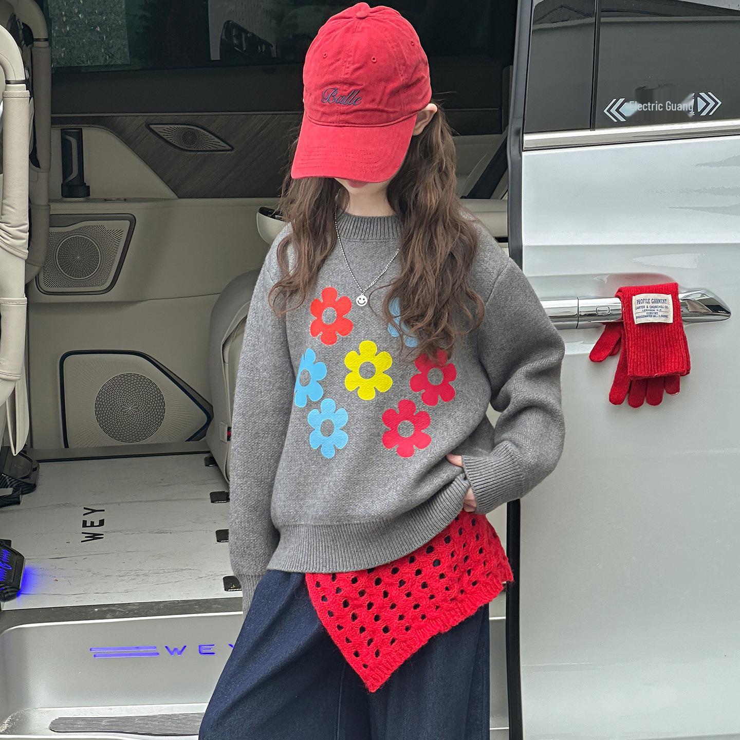 

2025 Девочки Цветной Цветочный Шерстяной Свитер на Осень/Зиму - Модный Вязаный Пуловер для Детей Старшего Возраста 120cm серый