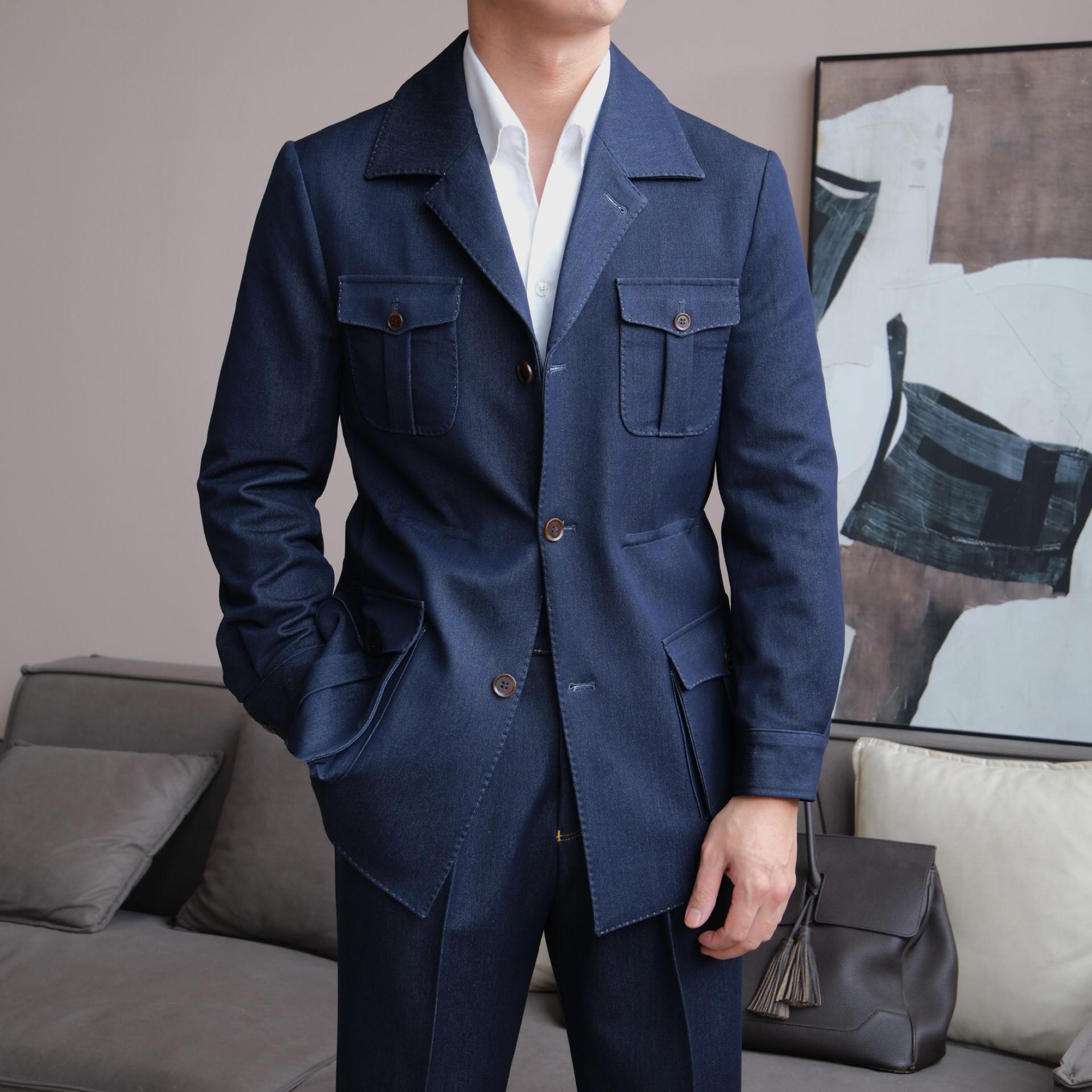 

Мужская приталенная итальянская джинсовая куртка Ruishen - Классический воротник, Охотничья, Повседневная, Деловая верхняя одежда для осени/зимы M темно-синий