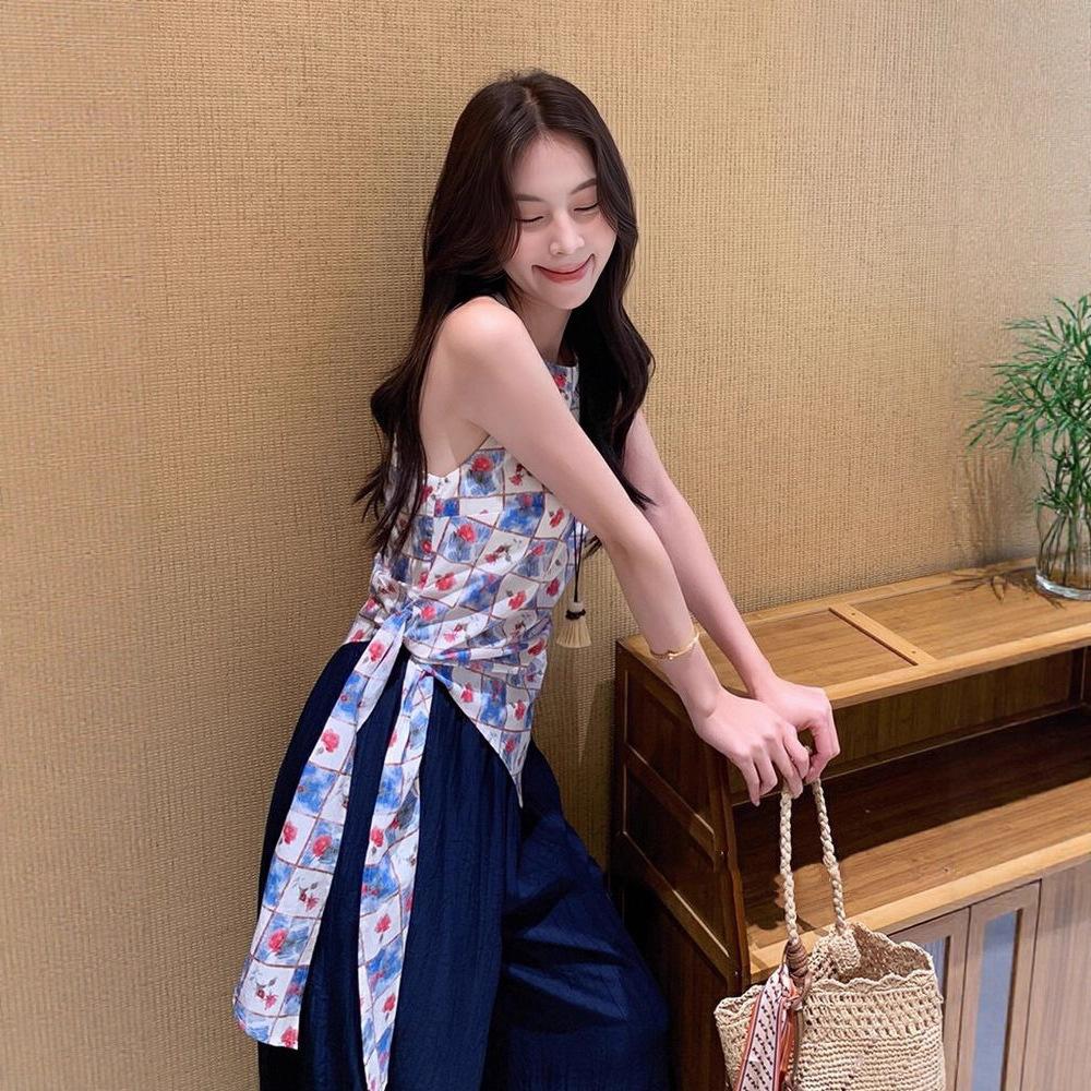 French Design Floral Plaid Neck Sling Vest Women's Summer Wear Unique and Beautiful Off-the-shoulder Back Top