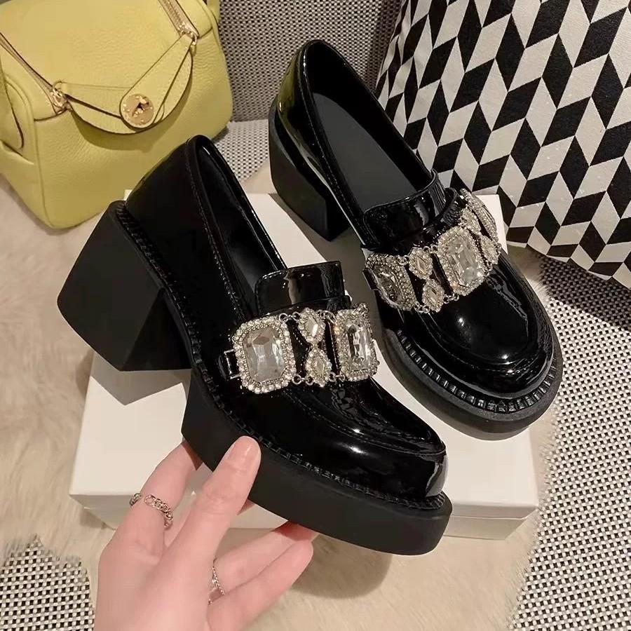 Round head heightened platform small leather shoes women's 2025 new niche high heel thick heel JK single shoes British rhinestone loafers
