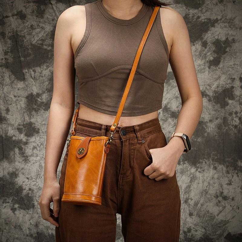 Johnature Freizeit natürliche weiche echte Rindsleder Frauen kleine Tasche vielseitige Retro einfarbig Schulter- und Umhängetaschen