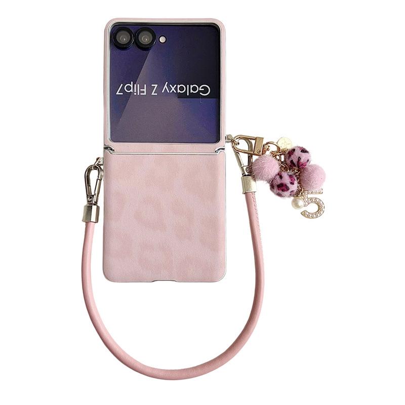 Samsung ZFLIP7 Leopard Print Case with Silver Edge & Hand Strap - Fits ZFLIP6/5