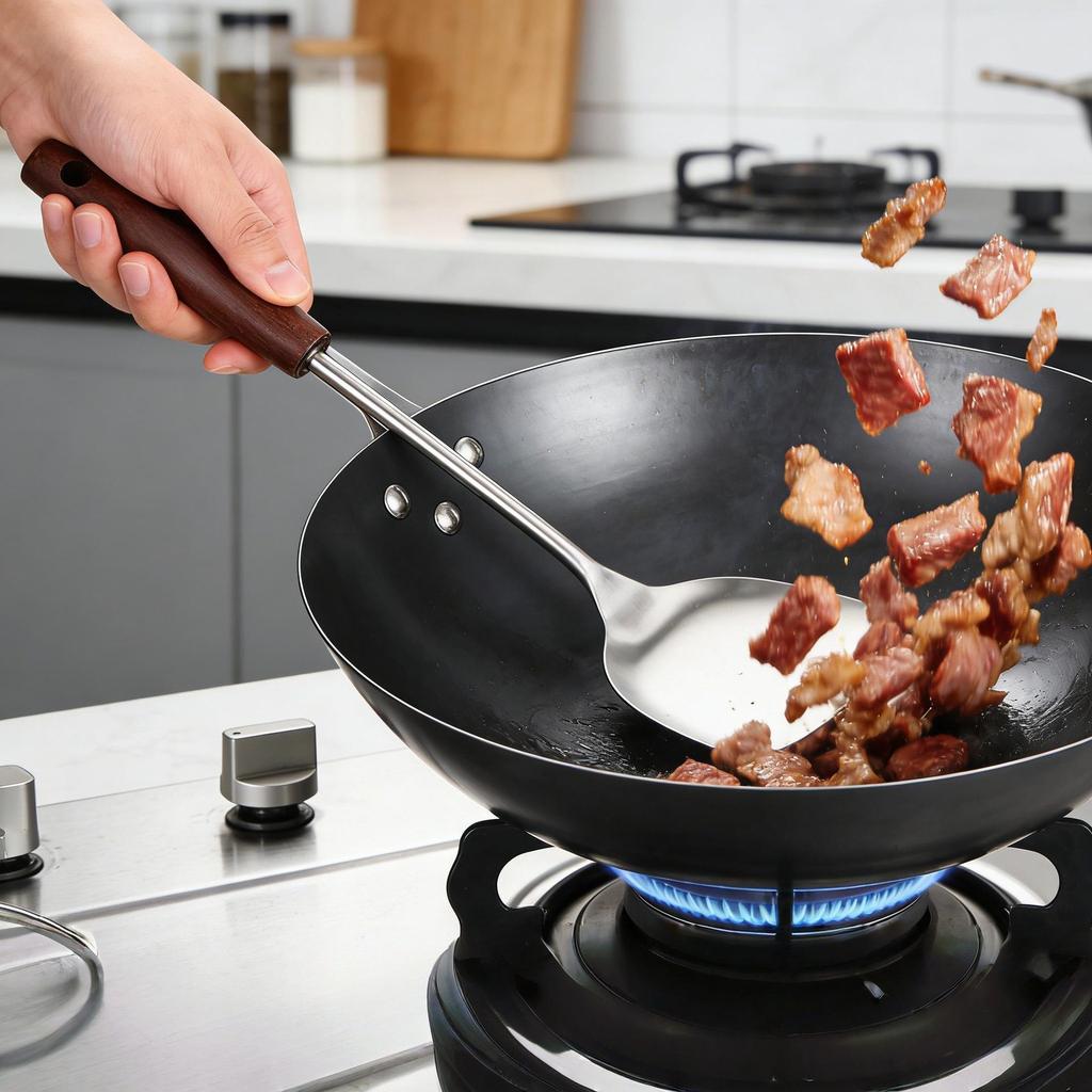Stainless Steel & Wood Thickened Cookware Set: Frying Pan Spatula, Slotted Spoon, Ladle, Anti-Scald Design