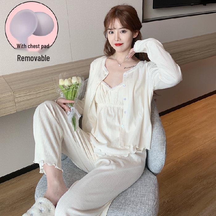 Pure Desire Women's 3-Piece Pajama Set: Long Sleeve, Spring/Autumn Cotton, Padded Camisole, Sexy Homewear