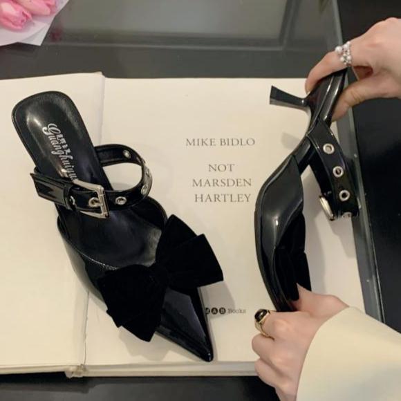 Vintage Buckle Bow Brand Slide Pumps Women Sexy Pointed Toe Slingback Party Sandal Elegant Wedding Low Heeled Shallow Mule Shoes