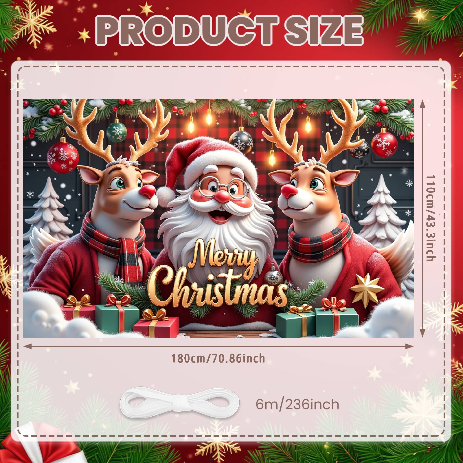 

Merry Christmas Banner Backdrop Santa Claus Reindeer Design Christmas Party Decoration Xmas 2026 New Year Photography Background