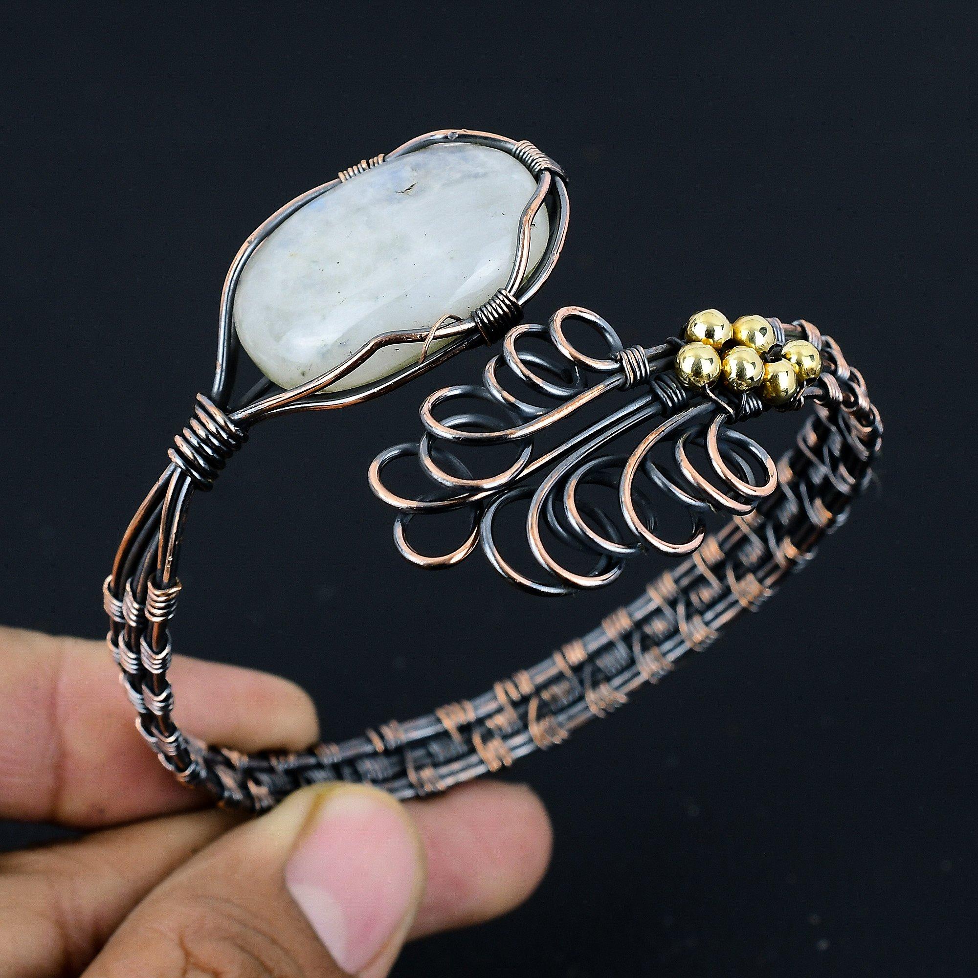 

Браслет из лунного камня, Браслет из драгоценного камня ручной работы, Антикварные украшения, обернутые медной проволокой 999 пробы, Для подарка на помолвку