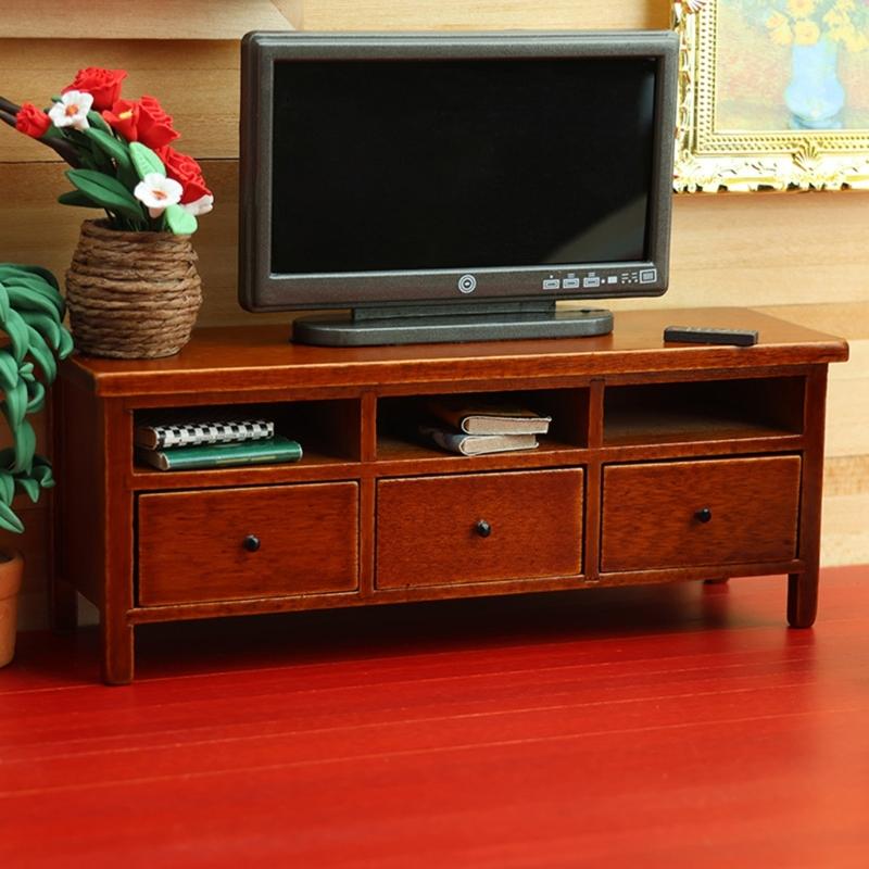 Miniature Wood TV Cabinet With Functional Drawer Doll House Living Room Scene Display Accessory Craft Model Furniture