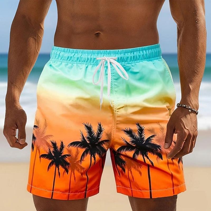 Tropical Gradient Beach Shorts For Men, Coconut Tree 3d Print Quick Dry Loose Swim Trunks, Casual Men's Drawstring Board Shorts