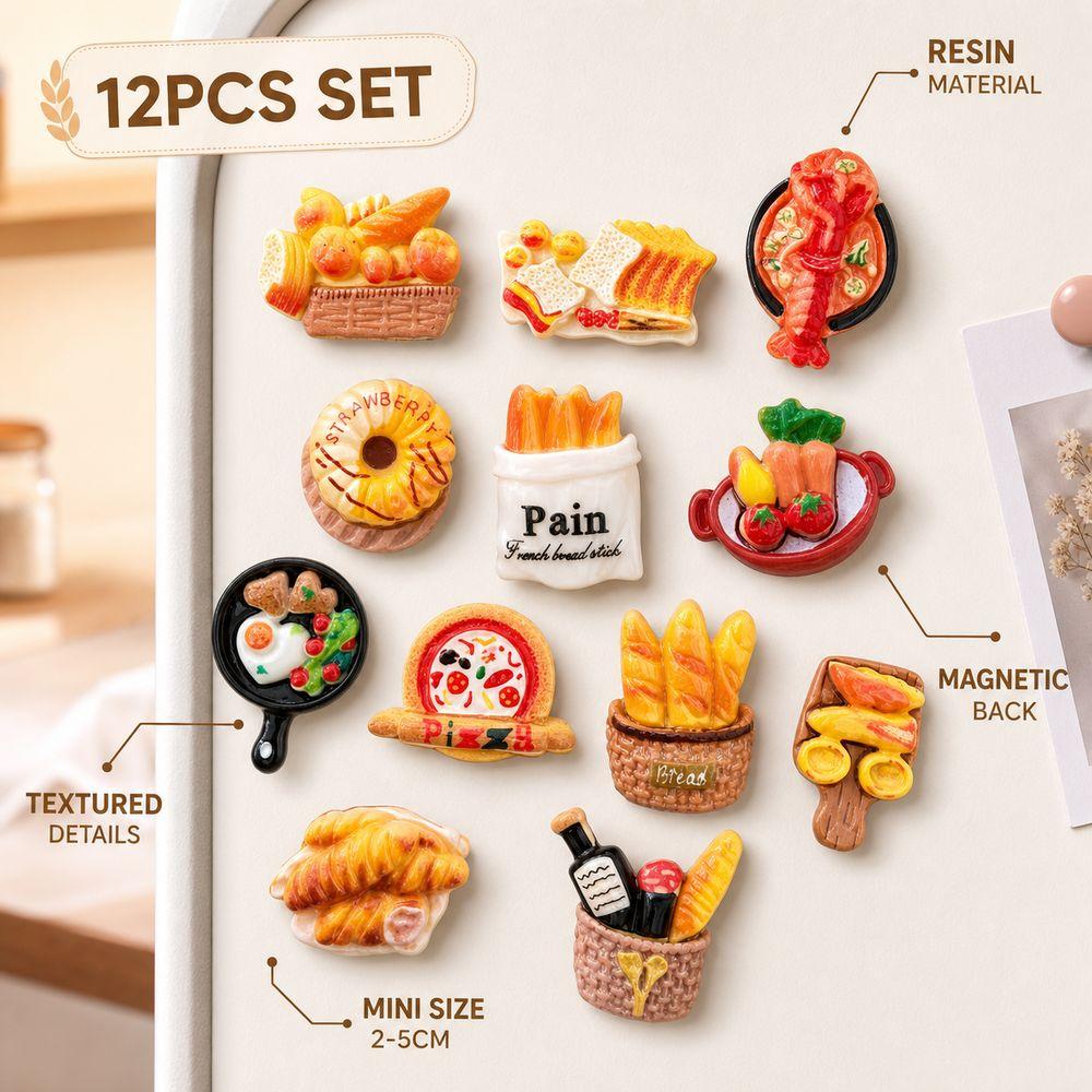 12PCS Resin Bread Fridge Magnets Miniature Food Refrigerator Magnets Home Office Decor