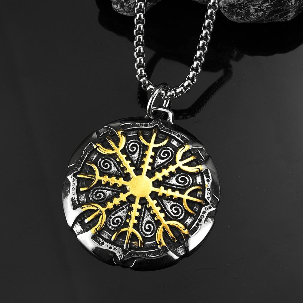 Vintage Solid Stainless Steel Compass Rune Pendant Necklace For Men