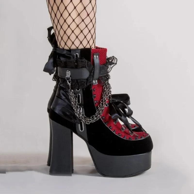 Fashion Bowknot Ankle Boots Women Gothic Vintage Round Parker Square Heel Platform Flat Boots Punk Ladies Party Shoes