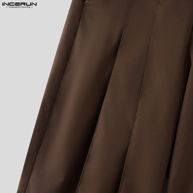 INCERUN Men Casual Zip-up High Waist Long Pleating Wide Legs Pants Trousers