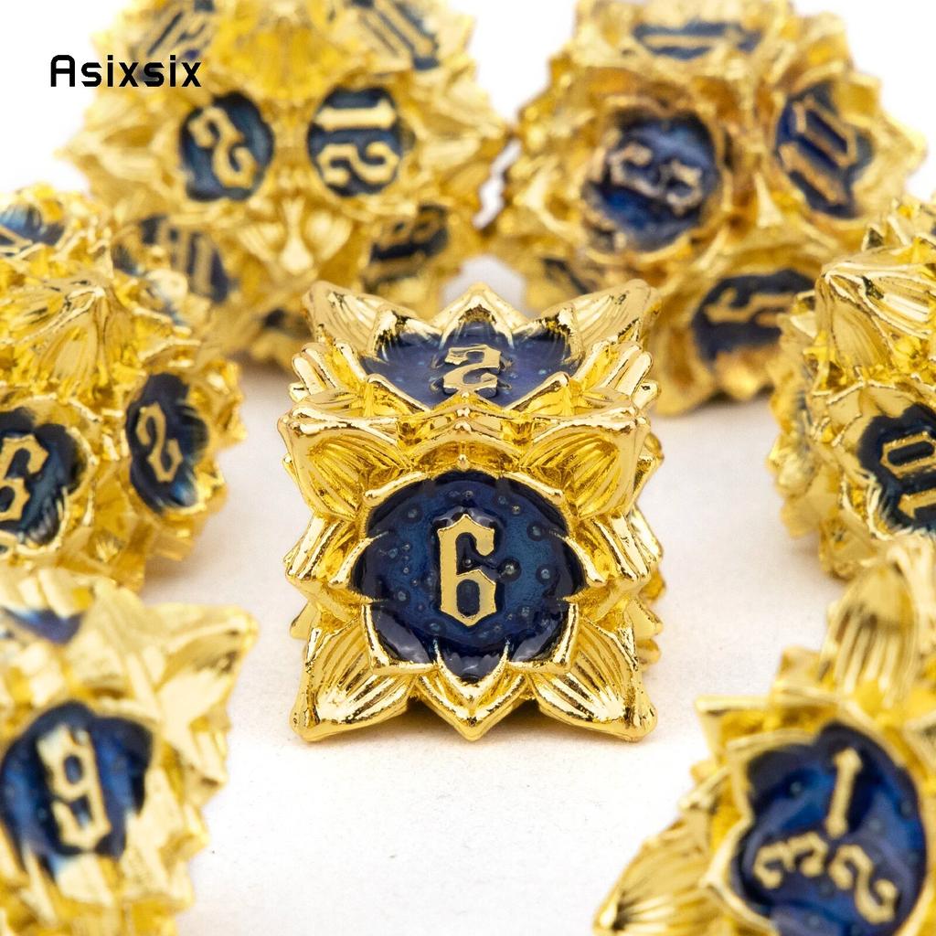 7 sztuk złoty niebieski kwiat lotosu metalowe kostki z litego metalu zestaw kości wielościennych nadaje się do odgrywania ról RPG gra planszowa gra karciana