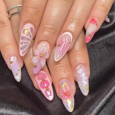 Europe and the United States Hot-selling 3D Three-dimensional Flower Wearing Nail Pink Smudge Nail Art Fake Nail Short Almond Nail Piece