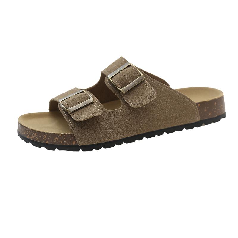 Fashion Slippers Leather Women Loafers Soft Wood Sole Clip-on Vulcanized Slides Women Eva Outsole Arch Support Loose-fit Slippers Woman
