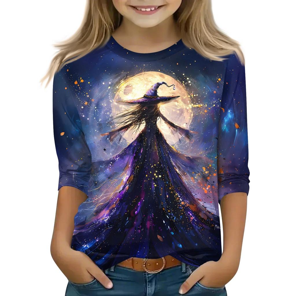 Children's 3/4 Sleeve Tops Casual Halloween Print T Shirt Round Neck Pullover Blouse