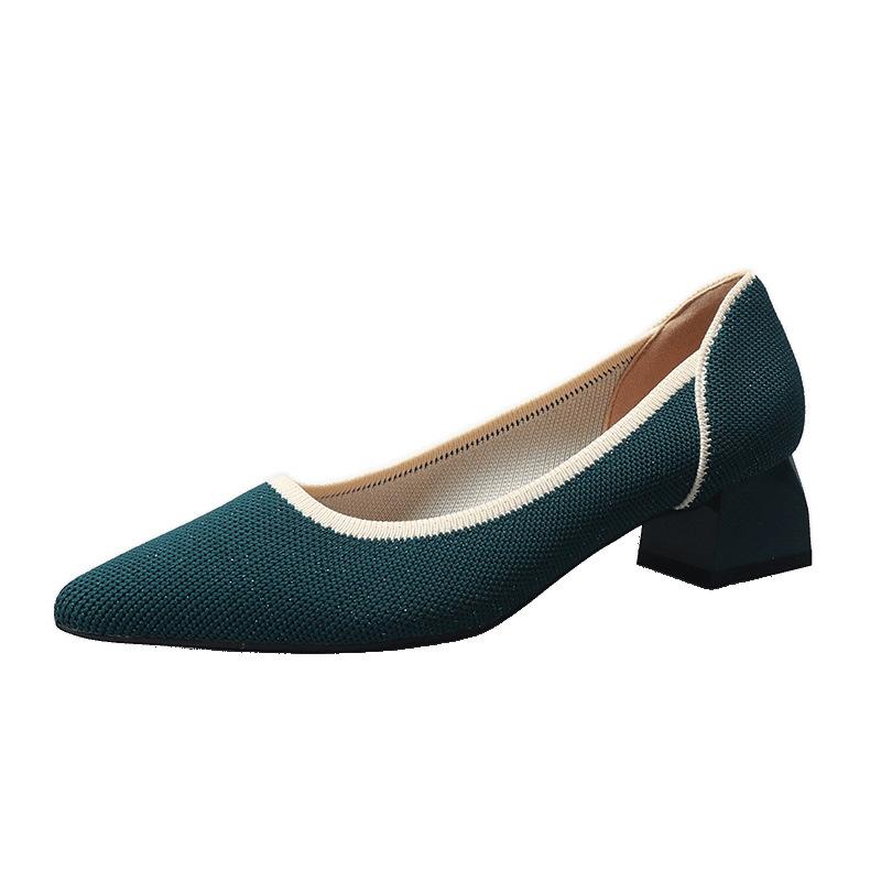 Frühling und Herbst spitze fliegende gestrickte Einzelschuhe mittlerer Absatz gestricktes Fluggarn gestrickte Damenschuhe dicker Absatz