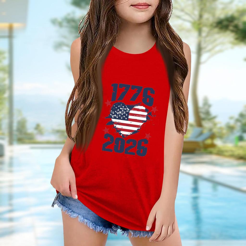 Girls  Kids Summer Crewneck Sleeveless Shirts Tank Tops Independence Day