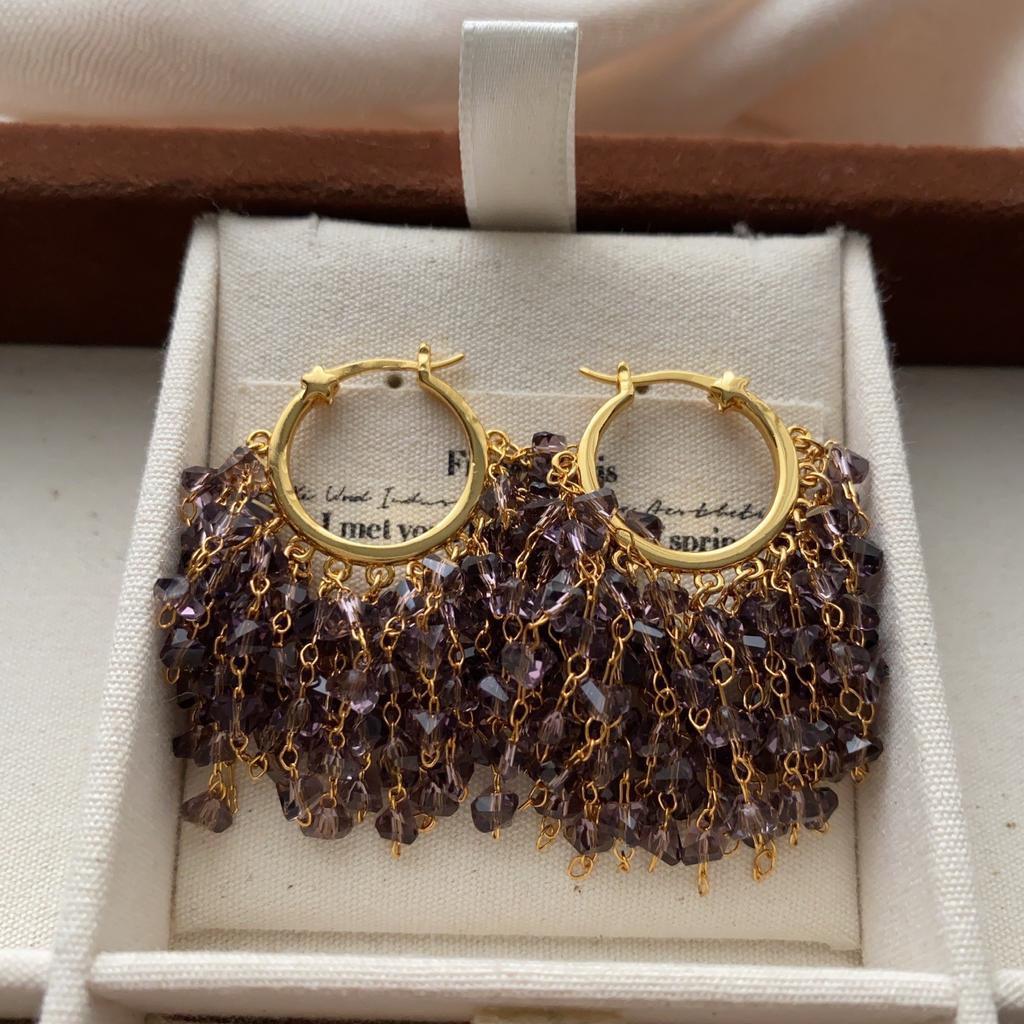 Metal Ring Crystal Fringed Cluster Earrings Earrings Retro Elegant Light Luxury Exquisite Commuter Versatile Women'S Fashion Advanced