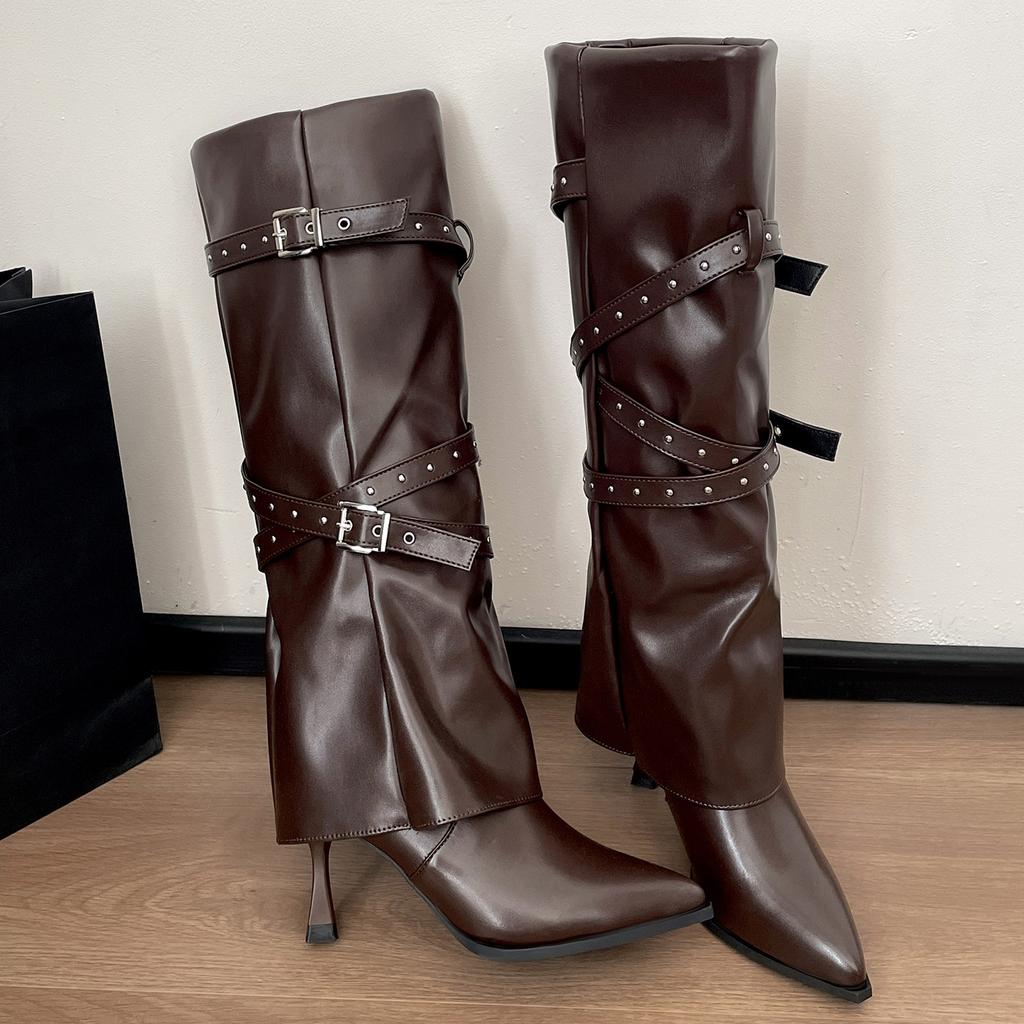 Brown British style but knee pointed stiletto boots women's boots 2025 new autumn retro trouser boots