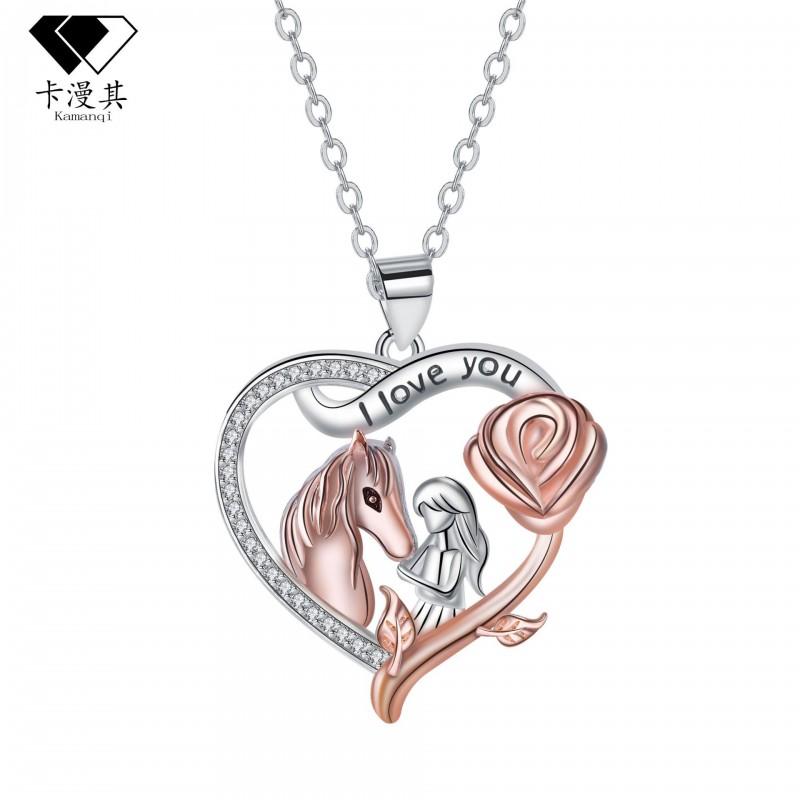Roségold Pferdeanhänger Halskette Damen Elegant Kreuzkette Choker Leichter Luxusschmuck Tägliches Tragen
