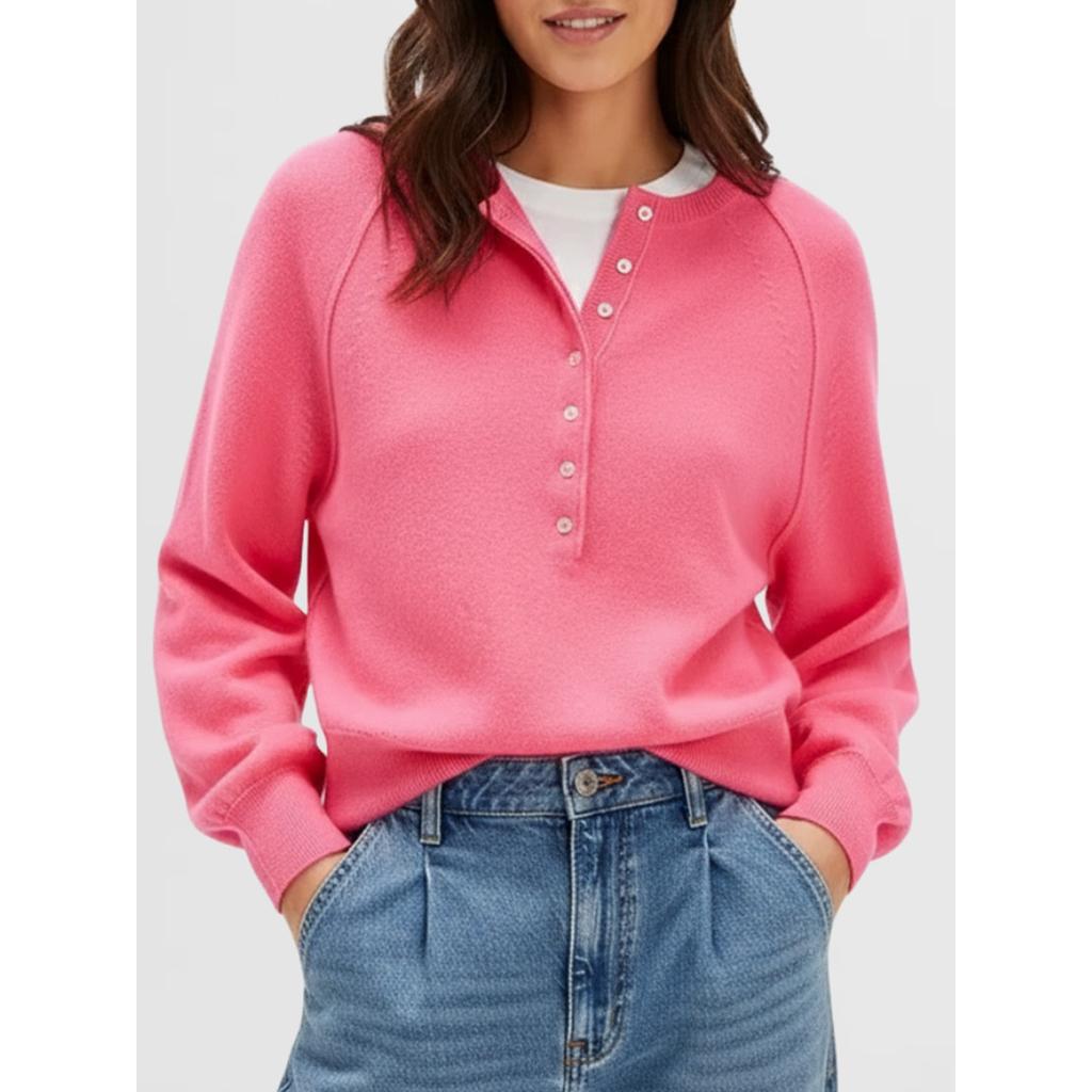 Women's Round Neck Long Sleeve Knit Sweater Loose Fit Button Detail Henley Pullover Top