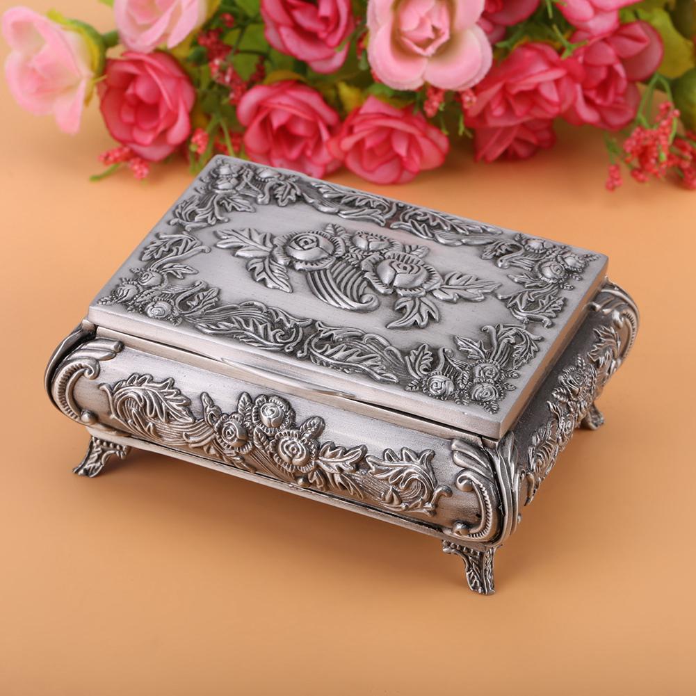 Vintage Style Rose Flower Carved Zinc Alloy Jewelry Box Case Jewellery Storage
