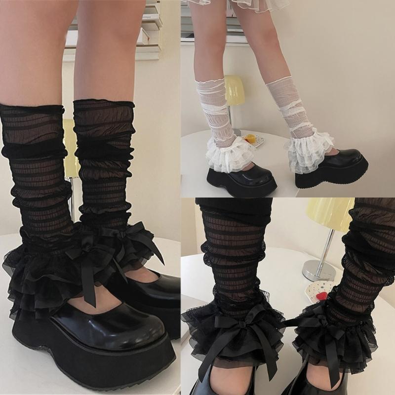 Vintage durchsichtiger Netz-Beinwärmer-Ärmel für Damen Elegante gestufte Rüsche Spitze Schleife Ausgestellte lockere Beinabdeckung Lange Socke
