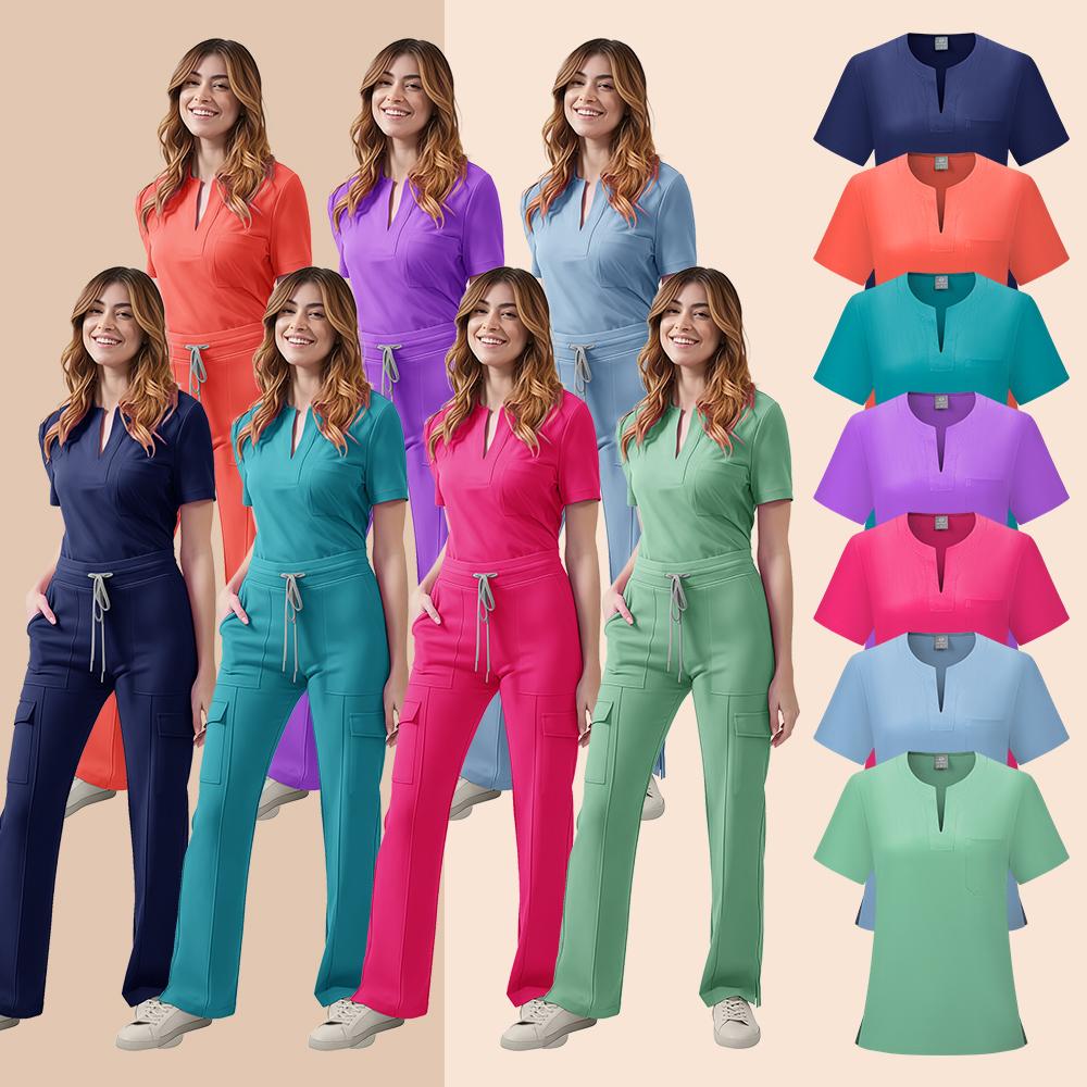 Uniforme Médical Blouse Pantalon Femmes Ensemble de Blouse Médicale à Poches + Pantalon Costume 2 Pièces Vêtements d'Infirmière pour Bloc Opératoire Salon de Beauté Vêtements de Travail