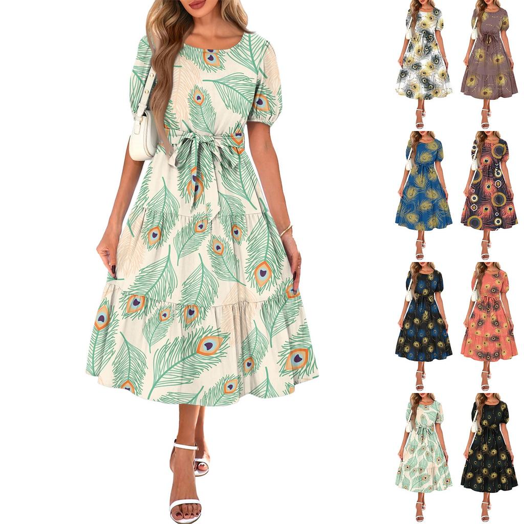 Women's Summer Short Sleeve Round Neck Waistband Bohemian Flowy Layered Maxi Dress With Pockets
