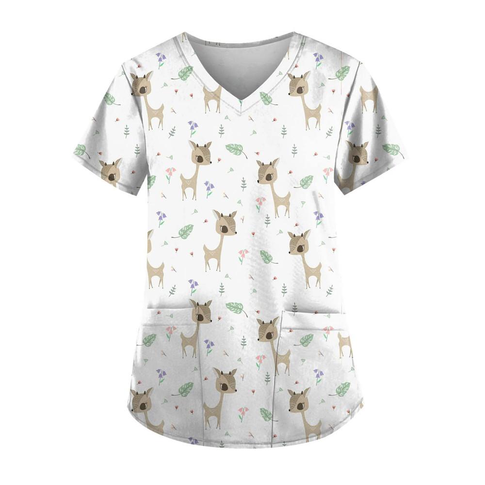 Women's Clothing Cartoon 3D Print V-neck Women's Working Clothes Tops Short Sleeve With Pockets Carers Medical Nurse Uniform