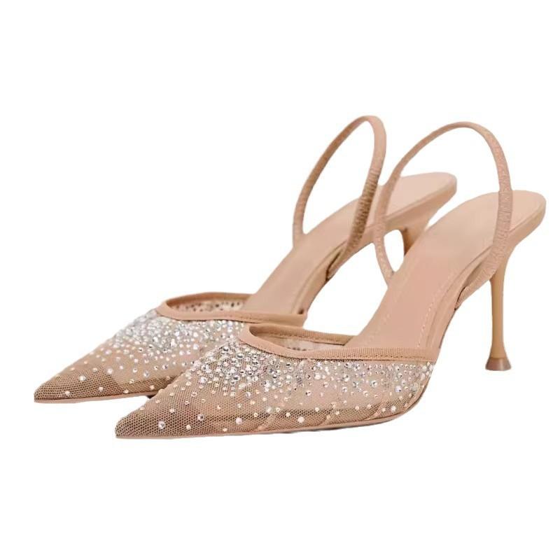 

Летние женские босоножки со стразами, яркие, сетчатые, на высоком каблуке, элегантные, с открытым носком, с острым носком, туфли-лодочки для вечеринки 37 абрикосовый