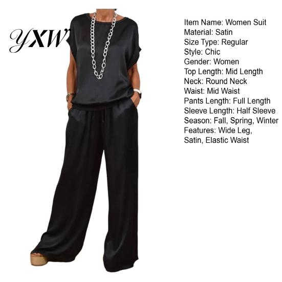 Women Satin Outfit 2 Pcs/Set Top Pants Set Round Neck Half Sleeves Blouse Elastic Waist Trousers Wide Leg with Pockets Daily Leisure Loose Solid Color