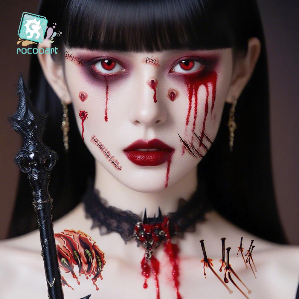Vodotěsné Halloweenské dočasné tetovací nálepky: Realistické jizvy po krvi a noži pro hororový make-up.