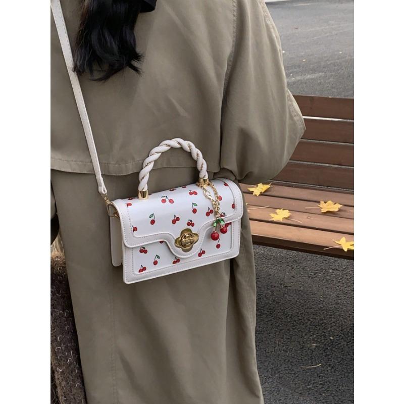 Fashionable High-End Pu Tote Bag With Versatile Square Shape And Cute Cherry Print, Perfect For Shopping, Dating Or Cross-Body For Girls