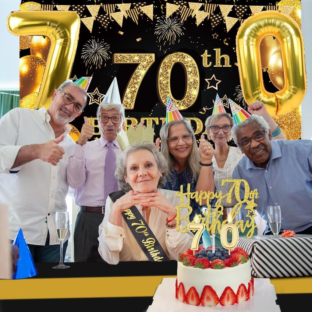 70th Birthday Decorations Men Women with 70th Birthday Banner, Black and Gold Table Cloth,Number Balloons, Large Sash, Cake Topper and Candles