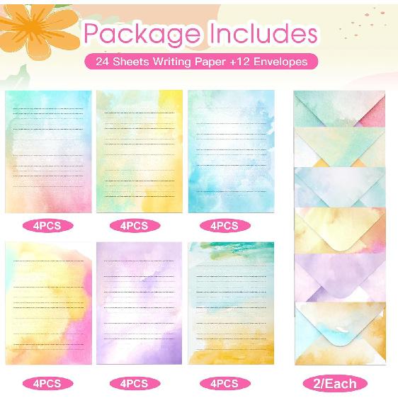 Watercolor Stationary Paper and Envelopes Set, 24 PCS Colorful Writing Stationery Paper with 12 PCS Envelopes,Pretty Watercolor Styles Stationery