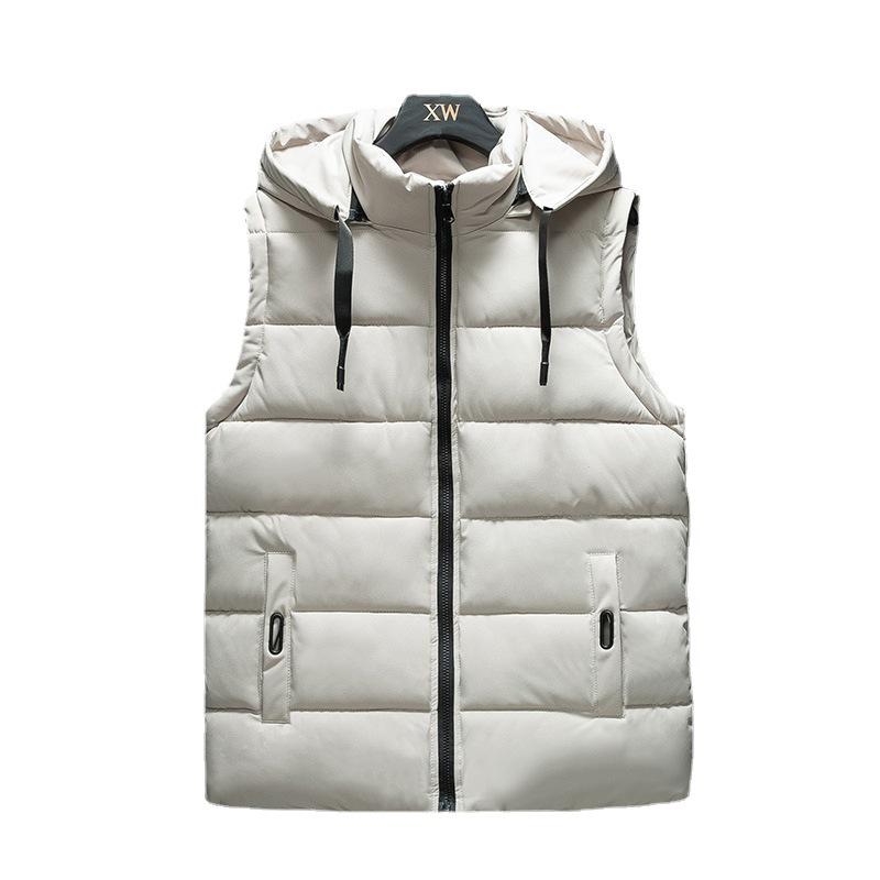 Men's Korean-Style Sleeveless Cotton Vest with Removable Hood, Warm & Trendy for Autumn and Winter.