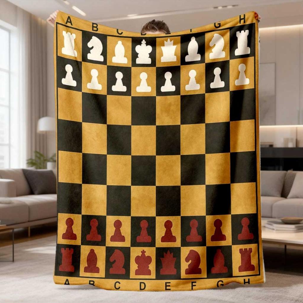 2026 New Arrival Flannel Blanket 1pc Chess-Themed Flannel Fleece Throw Blanket - Vibrant Checkered Pattern with Alphabet & Figure Design, Soft & Cozy