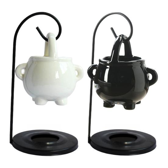 Hanging Pagan Cauldron Oil Burner Wax Warmer Aroma Diffuser with Handle Ceramic Tealight Candle Holder Witch Halloween Decoration